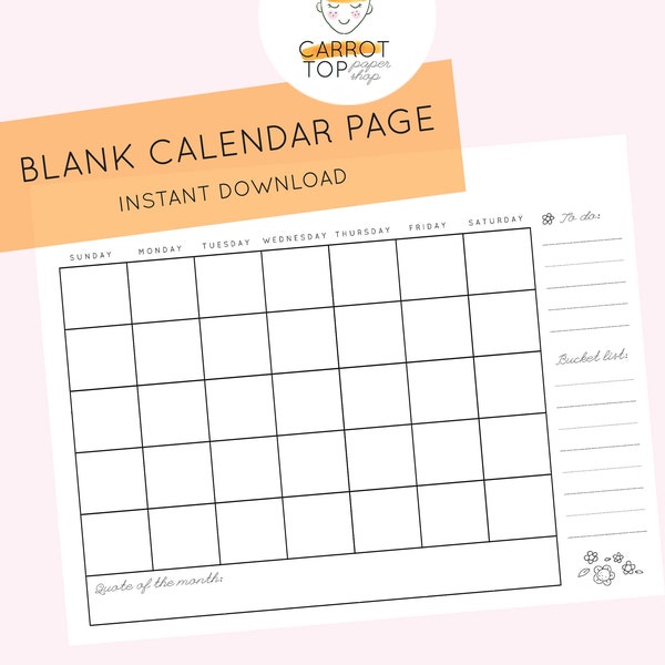 Blank Calendar Page Instant Download - Printable Calendar Page