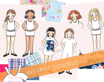 Clothing Design Paper Doll Starter Set - Includes 6 paper dolls and design templates - Printable - Fashion design - Instant Download