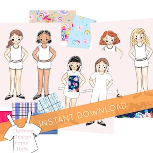 Clothing Design Paper Doll Starter Set Includes 6 paper dolls and design templates Printable Fashion design Instant Download image 1