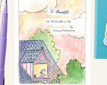 I Dwell in Possibility Postcard - Emily Dickinson - bookworm postcard - cute snail mail - literary quote