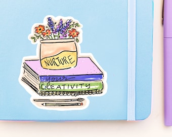 Nurture your creativity Sticker - books and flowers - Laptop sticker - Planner - Water Bottle - Book Cart - 3" waterproof Vinyl Sticker