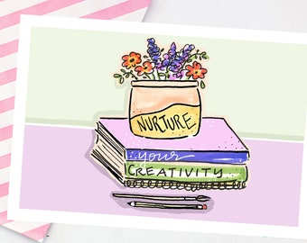 Nurture Your Creativity Postcard - books and flowers postcard - friendship postcard - cute snail mail - postcrossings postcard