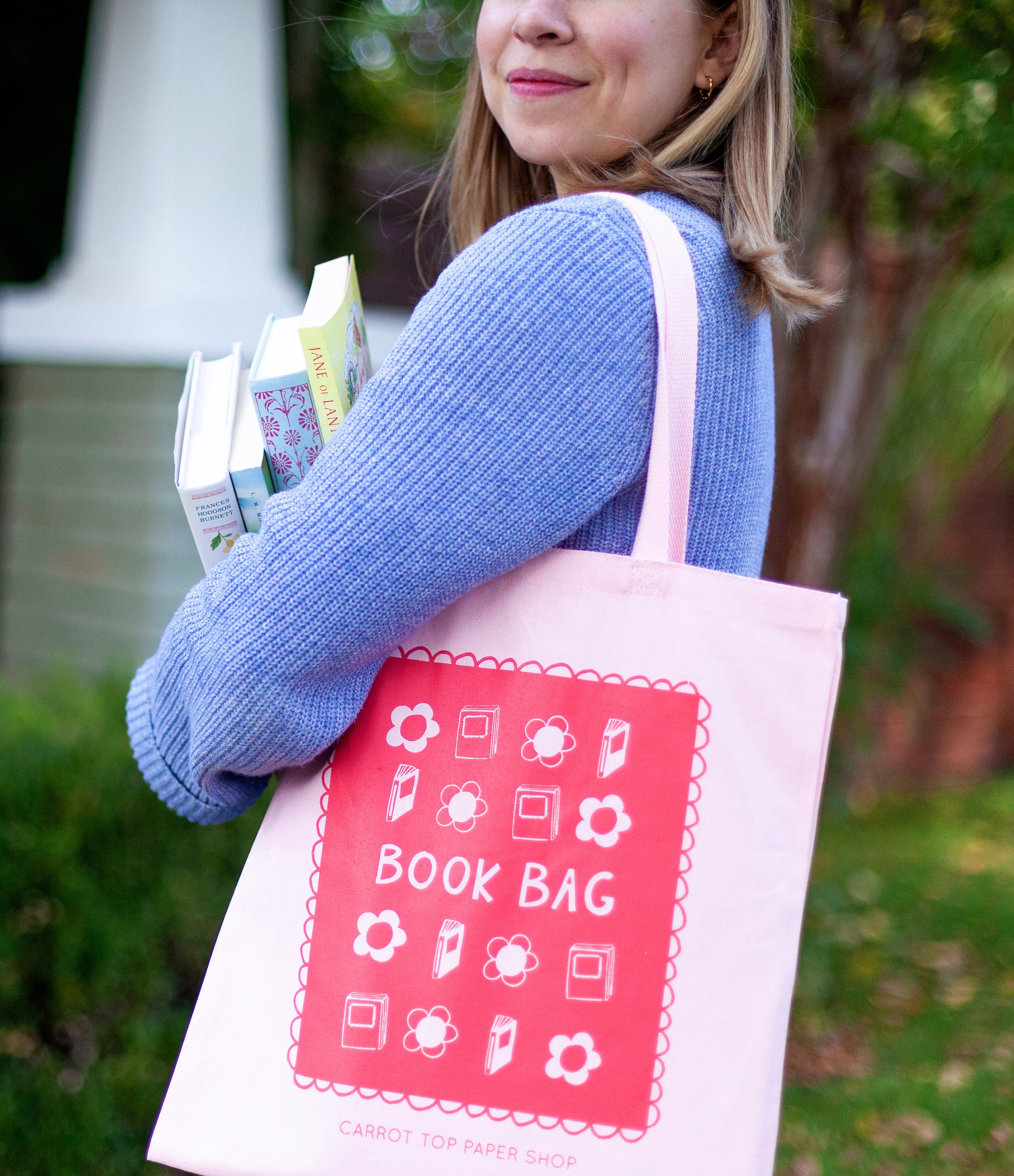 The Book Bag Tote Bag Pink Canvas Tote Bag Library Bag Etsy