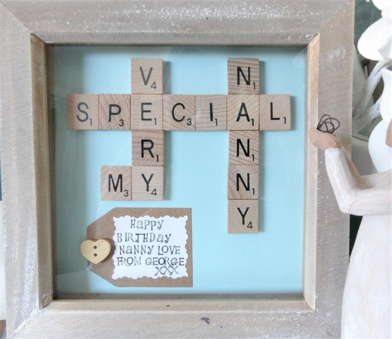 Handmade Family Tree Gift Hand Stamped Message White Wood A Very Special Nanny Nana Nan Grandma Frame Personalised Scrabble Tile Art
