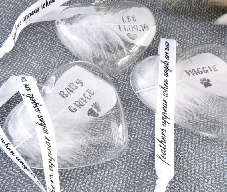 Real Personalised White Feather Memorial Bauble. Name / Date Stamped. Glass Heart Funeral / Memorial / Sympathy Keepsake Memento image 2