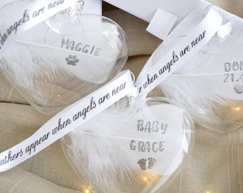 Gift Boxed Feather Memorial Bauble. Personalised Feather Glass Heart Christmas Bauble / Glass Hanging Decoration Handmade In Memory Keepsake