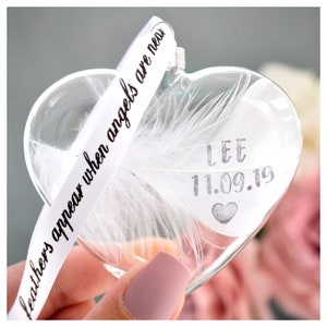 Real Personalised White Feather Memorial Bauble. Name / Date Stamped. Glass Heart Funeral / Memorial / Sympathy Keepsake Memento image 8