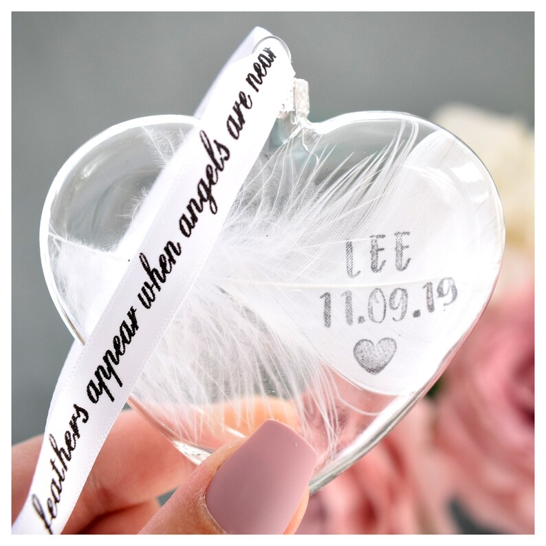 Real Personalised White Feather Memorial Bauble. Name / Date Stamped. Glass Heart Funeral / Memorial / Sympathy Keepsake Memento image 8