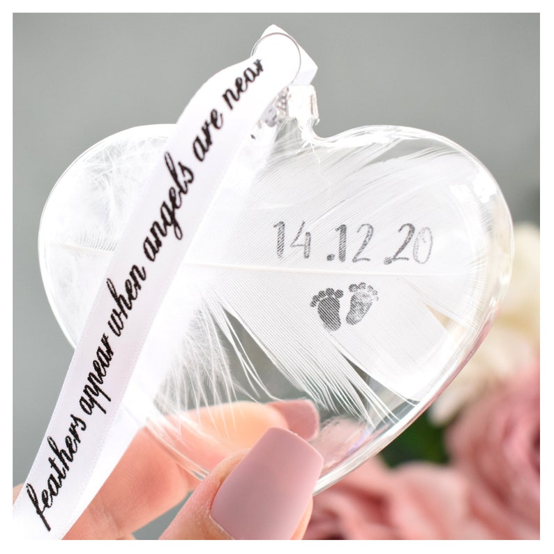 Real Personalised White Feather Memorial Bauble. Name / Date Stamped. Glass Heart Funeral / Memorial / Sympathy Keepsake Memento image 10