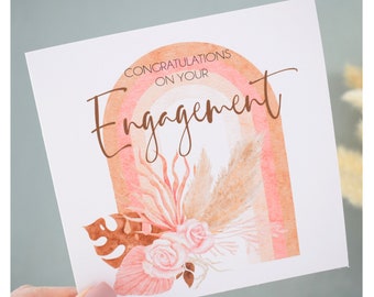 Engagement Card. Couple Congratulations. Fiance Fiancee Proposal. Getting Married. Modern Pampas and Rainbow Boho Bohemian