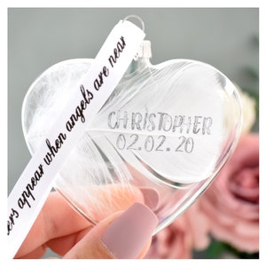 Feather Memorial Bauble. Personalised Feather Glass Heart Christmas Bauble / Glass Tree Ball Hanging Decoration Handmade In Memory Keepsake image 10