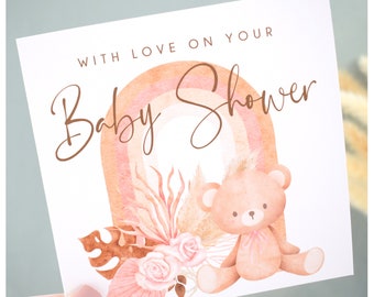 Baby Shower Card. Expecting Keepsake. Mummy To Be Congratulations On Your Pregnancy. New Baby Boy Girl. Pink Rainbow Teddy Bear Pampas