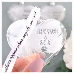 Real Personalised White Feather Memorial Bauble. Name / Date Stamped. Glass Heart Funeral / Memorial / Sympathy Keepsake Memento