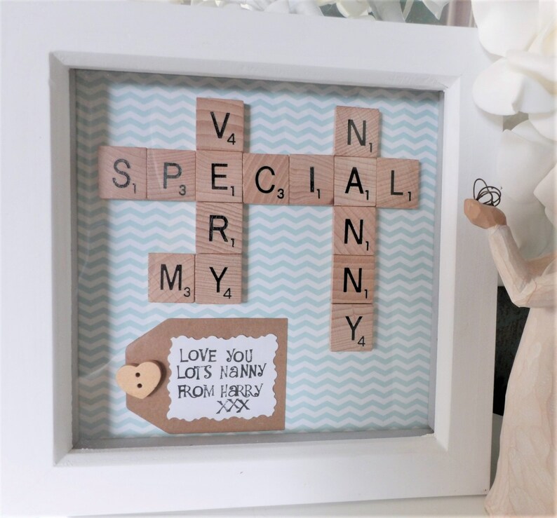 Handmade Family Tree Gift Hand Stamped Message White Wood A Very Special Nanny Nana Nan Grandma Frame Personalised Scrabble Tile Art