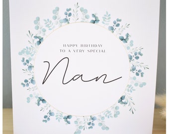 Nan Happy Birthday Card | Eucalyptus Greenery Wreath | Nanny Nan Grandparent Greeting | For Her From Granddaughter Grandson | Keepsake