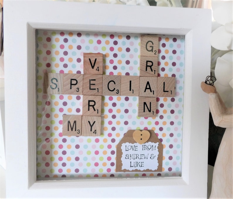 Handmade Family Tree Gift Hand Stamped Message White Wood A Very Special Nanny Nana Nan Grandma Frame Personalised Scrabble Tile Art