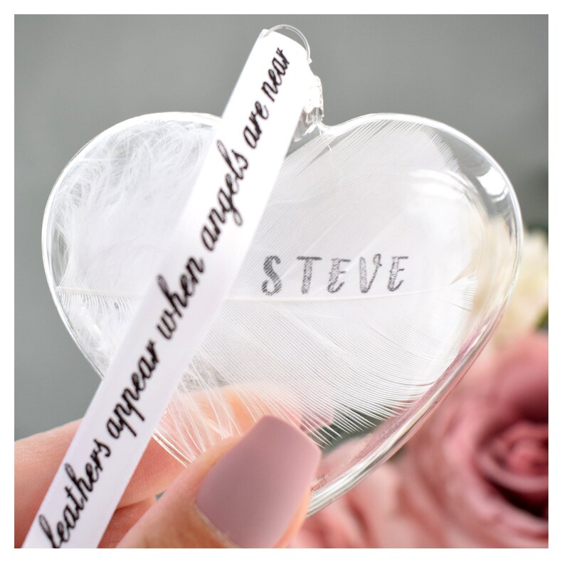 Real Personalised White Feather Memorial Bauble. Name / Date Stamped. Glass Heart Funeral / Memorial / Sympathy Keepsake Memento image 9