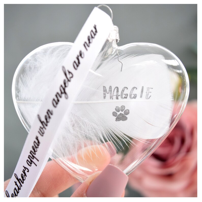 Real Personalised White Feather Memorial Bauble. Name / Date Stamped. Glass Heart Funeral / Memorial / Sympathy Keepsake Memento image 3