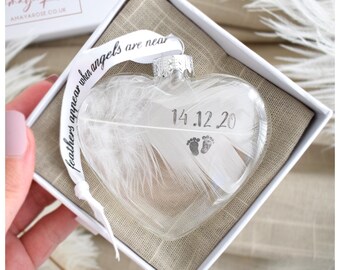 A Name / Date White Feather Heart Bauble / Gift Boxed Personalized Glass Memory Hanging Decoration Handmade Memorial Sympathy Gift Keepsake