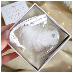 Glass Heart Memorial Bauble. Gift Boxed. Remember Lost Loved Ones. Christmas Tree Decoration. Real Feather. Mum Dad Nan Grandad Baby Son