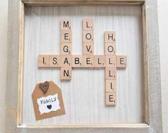 A Personalised Scrabble Tile Family Tree Frame. Scrabble Word Tile Crossword Art Name Frame. Wedding, Anniversary Birthday, Christmas Gift