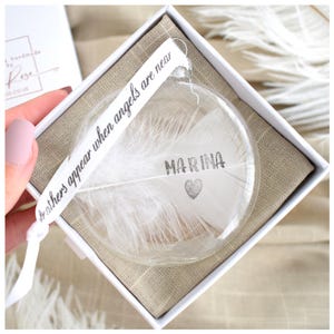 Feather Memorial Bauble Gift Boxed. Personalised Feather Glass Globe Christmas Bauble / Glass Hanging Decoration Handmade In Memory Keepsake