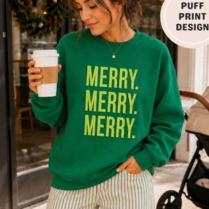 Embossed Sweatshirt Women Merry Christmas Crewneck Puff Print Apparel Cozy Holiday Pullover Cute Winter Outfit Millennial Gift Idea Under 50