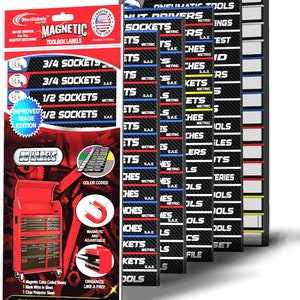 May include: A set of 90 magnetic toolbox labels for organising tools. The labels are colour-coded and feature a variety of tool categories, including sockets, wrenches, and pliers. The labels are designed to be used with a magnetic toolbox.