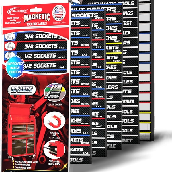 Set di etichette magnetiche per cassetta degli attrezzi definitivo - 90 etichette per organizzare i cassetti delle scatole per il sistema metrico - Prese SAE, chiavi inglesi, utensili elettrici e altro.