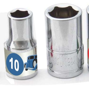 May include: Four chrome sockets of varying sizes. One socket has the number "10" on a blue circle with a blue car graphic. Another socket has the number "1/4" on a red circle with a red car graphic.