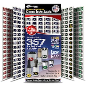 May include: A set of 357 individual socket labels for organizing tools. The labels are color-coded and feature a variety of sizes, including SAE, metric, and Torx. The labels are made of durable chrome foil and are easy to read. The set includes 4 extra-large color-coded sheets.