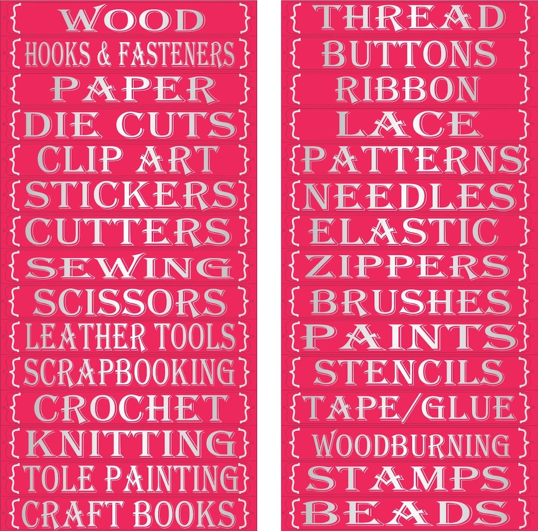 Craft Organizer Labels, Bright Chrome Letters, Rose Background, Fit All