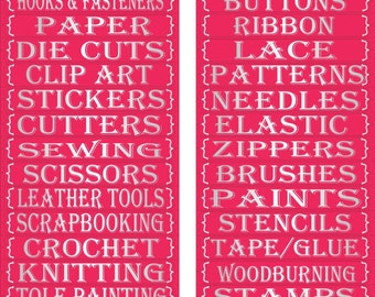 Craft Organizer Labels, Bright Chrome Letters, Rose Background, Fit all Craft Storage Drawers, Bins and Boxes