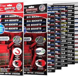 May include: A collection of magnetic and adhesive toolbox labels. The labels are color-coded and designed to organize sockets and other tools. The packaging features red, black, and white designs with text such as "3/4 Sockets" and "1/2 Sockets".