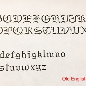 May include: A black and white image of the English alphabet in an Old English font. The letters are in uppercase and lowercase.