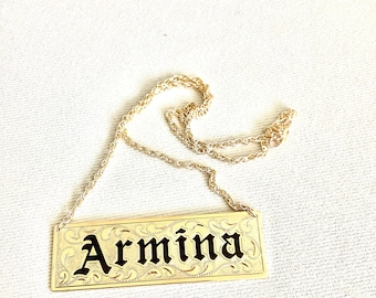 Gold filled nameplate necklace with personalized name only.