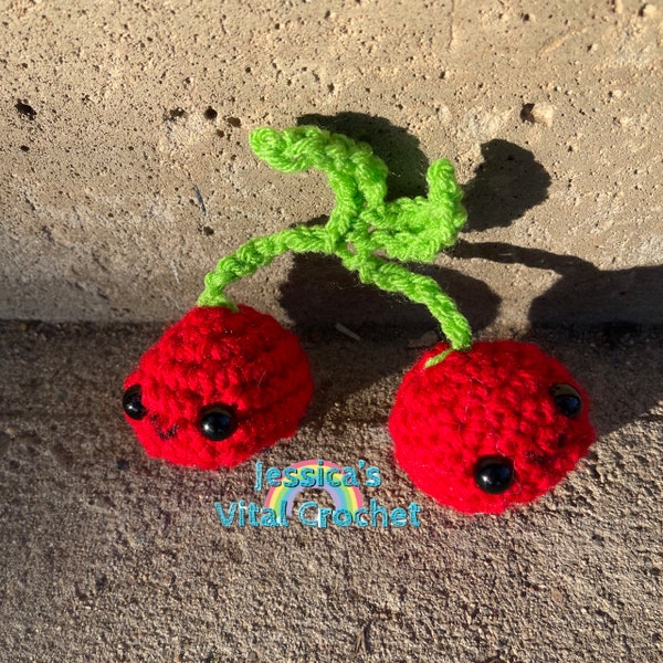 Crochet Cherries, Crochet Cherries Stuffie, Handmade Fruit, Fruit Plushie, Fruit Decor, Pretend Play