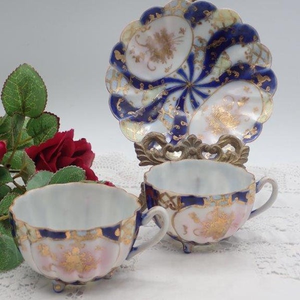 Antique Fine Porcelain Duo + Spare Cup, Antique Demitasse, Espresso Cup, Little Coffee Cup, Child Cup and Saucer, Gilded China, Gift For Mom