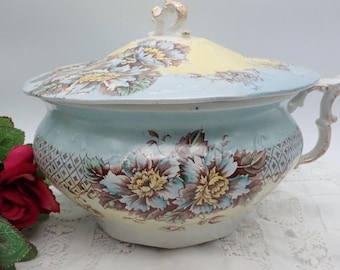 Antique Victorian Transferware Chamber Pot, Antique Chamber Pots, Glazed Ceramic Basin, Guzunder, Chamber Pot With Lid, Antique Lidded Potty