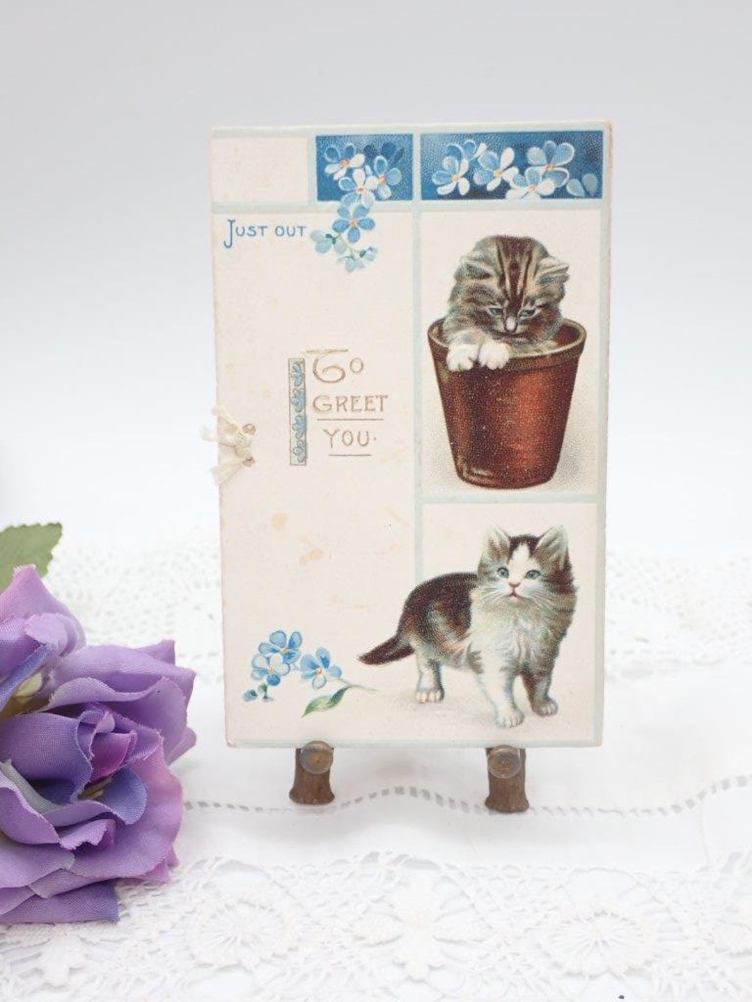 Antique Kitten Christmas Card, Victorian Xmas Card, Victorian Kittens