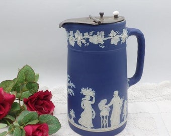 Wedgwood Jasperware Pitcher c1800s, Stoneware, Jasperware, Jasper Ware, Antique Pottery, Antique Jasperware Jug, Pewter Lid Pottery Jug