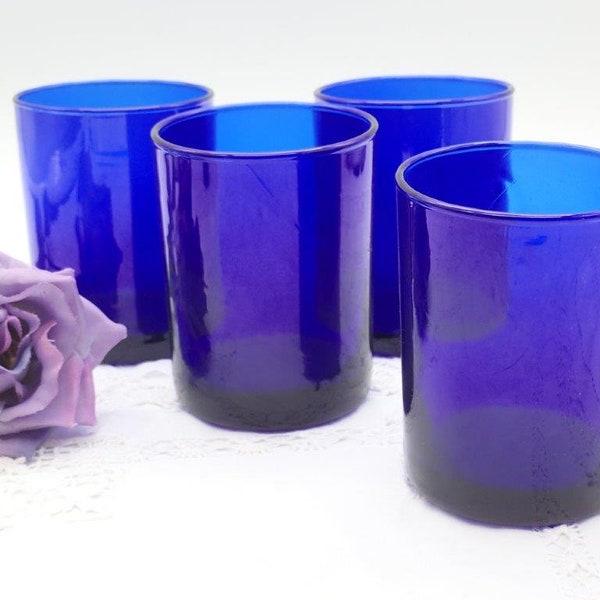 Set of 4 Vintage Hand Blown Cobalt Blue Glass Tumblers, Tumblers, Water Glasses, Vintage Barware, Beverage Glasses, Drink Glasses, Beakers