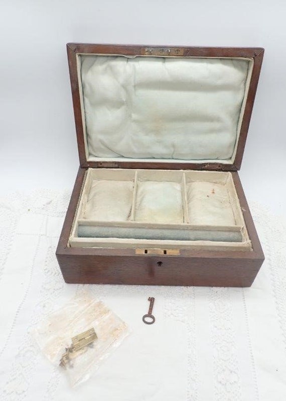 Antique Wooden Jewellery Box, Silk Lined Box, Vint