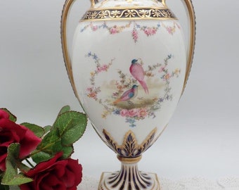 Royal Crown Derby Vase, Hand Painted Vase, RCD Vase, Twin Handled Royal Crown Derby Vase, Fine Porcelain Vase, Dated 1890-1918, Birds, Roses