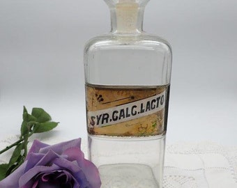 Apothecary Bottle, Pharmacy Bottle, V LARGE 10" Antique Chemist Bottle & Stopper,  Wax Label, Whitall Tatum, Syr.Calc.Lacto