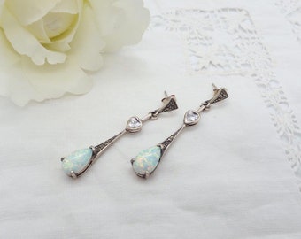 Sterling Silver & Opal Earrings, Opal Earrings, Art Deco Style, Opal Marcasite Silver Drop Earrings, Pear Cut Opal Cabochon