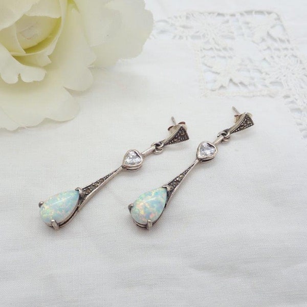 Sterling Silver & Opal Earrings, Opal Earrings, Art Deco Style, Opal Marcasite Silver Drop Earrings, Pear Cut Opal Cabochon