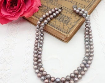 Collier de vraies perles, collier de perles noires double rang 15 pouces, perles d'eau douce, cadeau pour elle, cadeau pour maman