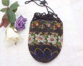Victorian Floral Beaded Drawstring Purse, Beaded Bag, Beaded Purse, Beadwork, Victorian Purse, Antique Purse, Gift for Her, Antique Textiles