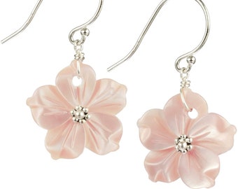 Pink Mother of Pearl Shell Flower Sterling Silver Dangle Earrings